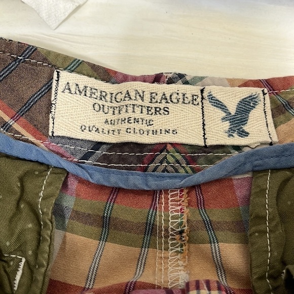 American‎ Eagle Madras Plaid Short Men's  Green & Tan 100% Cotton Inseam 10" - Picture 11 of 14